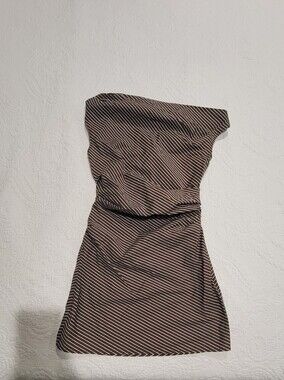 NWT O.P.T. Zerlina Size 2 Off Shoulder Striped Espresso Coffee Dress